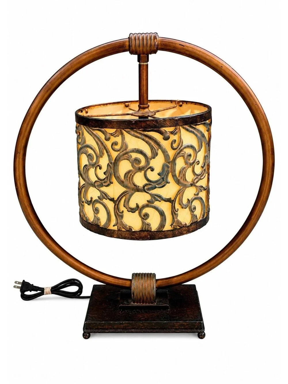 Vintage Metal Hoop Table Lamp Scrollwork Drum Shade Bronze 22” Boho Decor